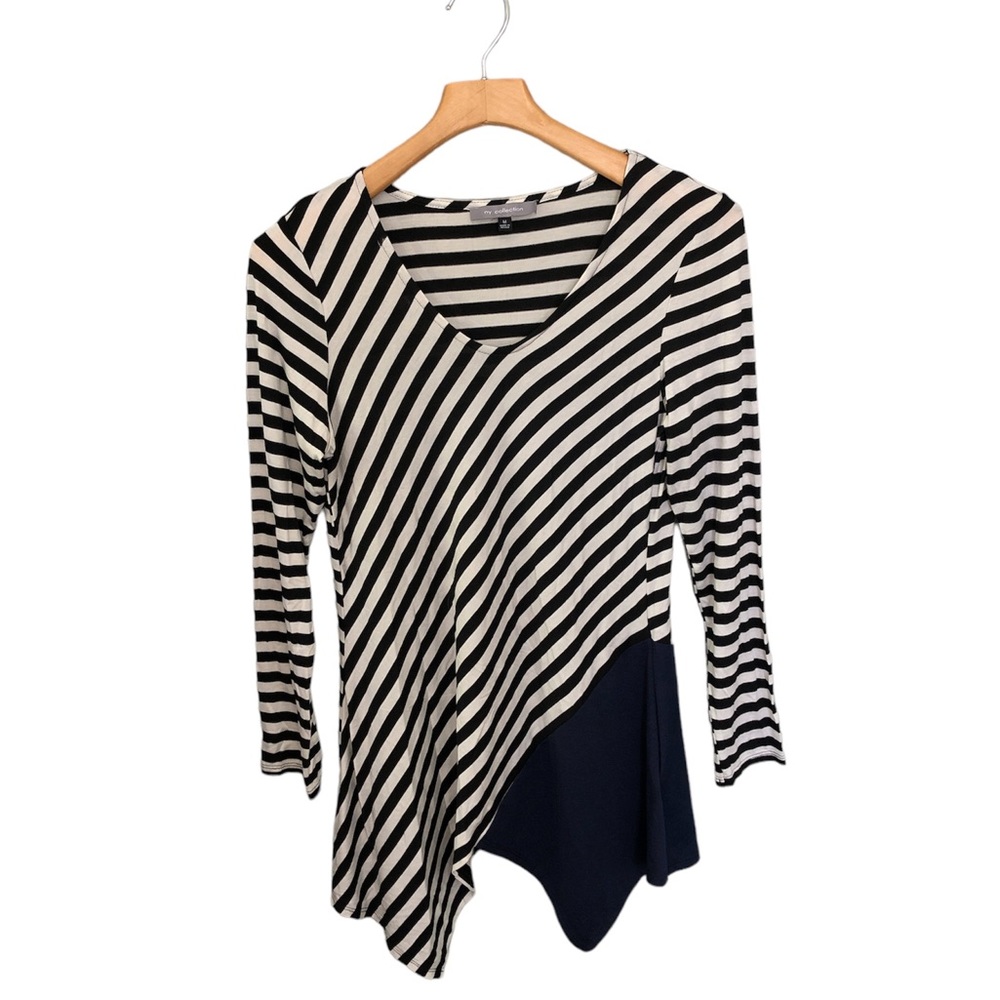 NY Collection Black White Stripe Navy Color Block Asymmetrical Tunic Top Medium